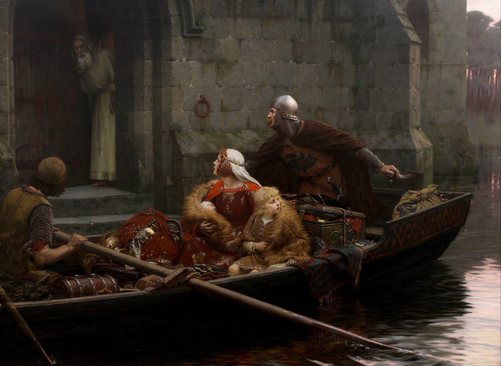 edmund blair leighton english artist romanticism pre-raphaelite middle ages in time of danger image castle woman boy child knight old man boat river pre-raphaelite in dangerous time