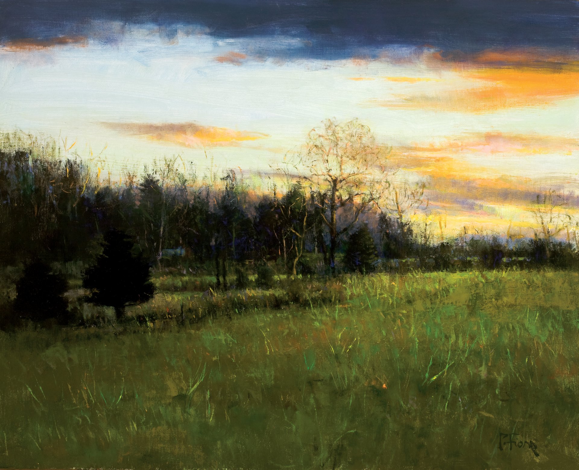 peinture paysage art peter fiore crépuscule doré forêt lisière arbres épinette ciel lumière coucher de soleil