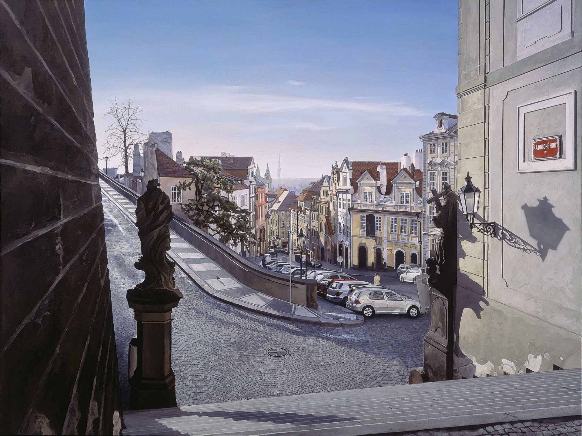 pittura arte fotorealismo nathan walsh città praga repubblica ceca strada strada svolta case automobili gradini marciapiede lanterne