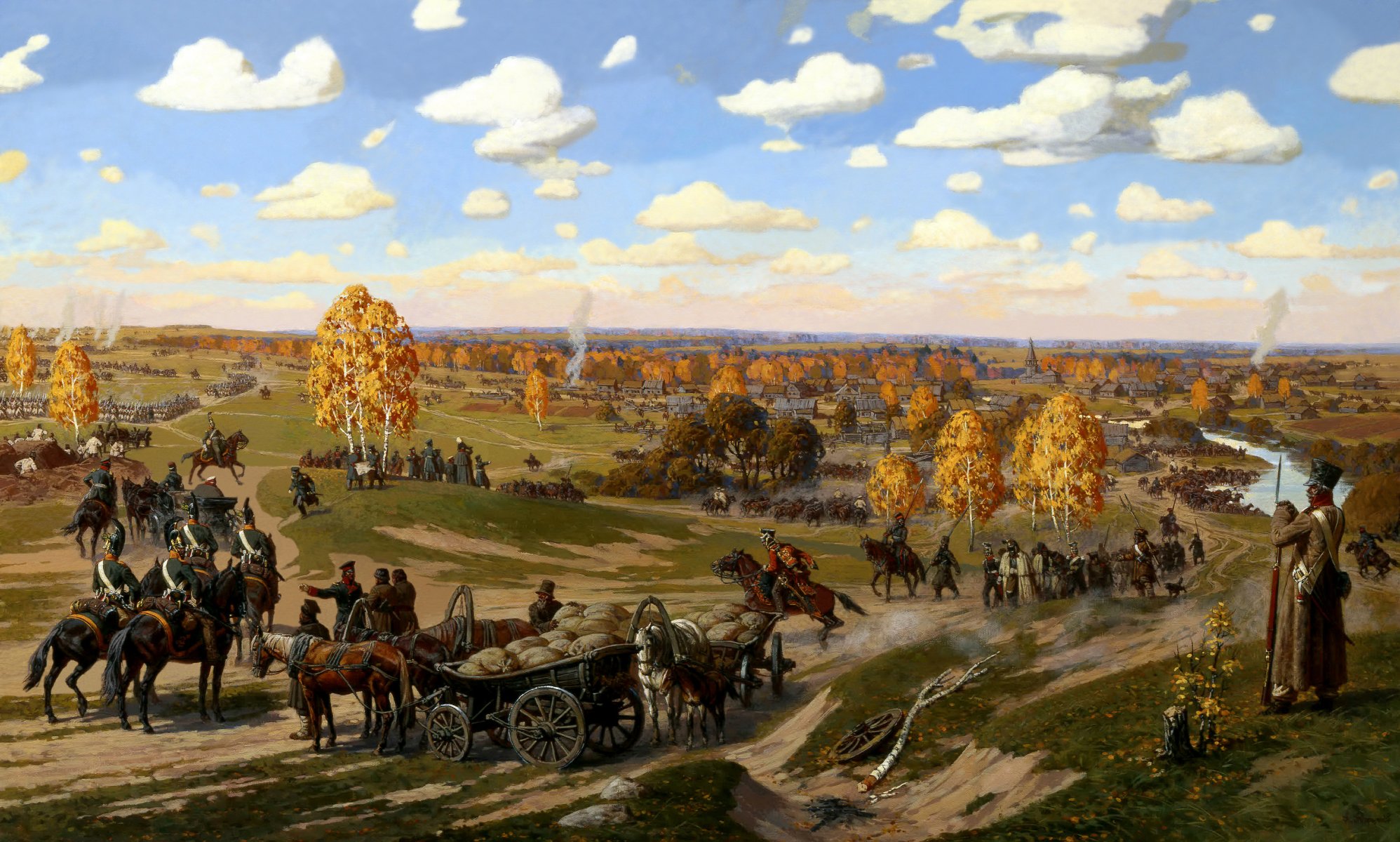 painting tarutinsky fight battle world war ii 1812 . battle of tarutino october 18 district village tarutino kaluga region between russian troops command field marshal kutuzova and french marshal murat maneuver art ab