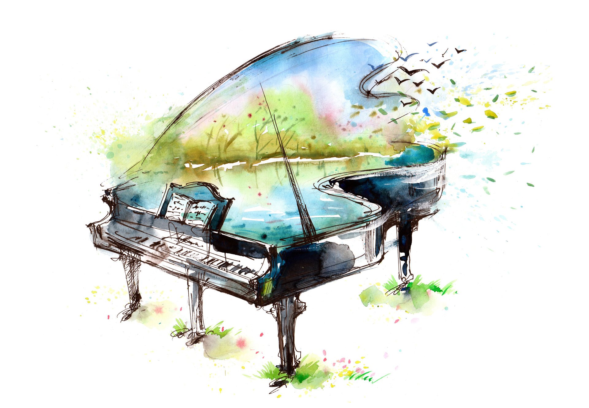 art piano notes birds lake picture watercolor