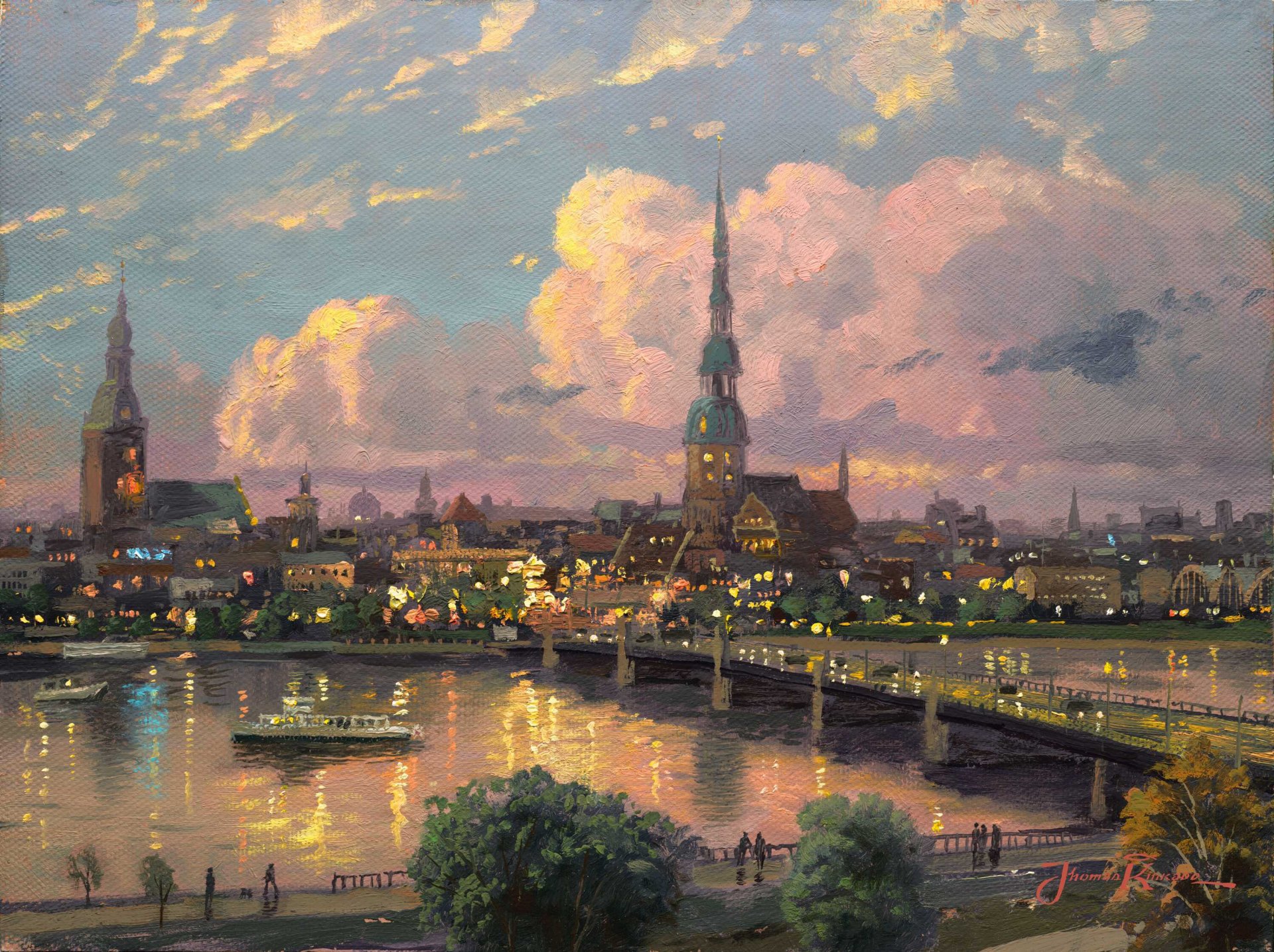 puesta de sol sobre riga letonia thomas kinkade pintura grande viejo medieval ciudad europa riga puesta de sol puente río daugava aguja aguja de san pedro catedral catedral plaza