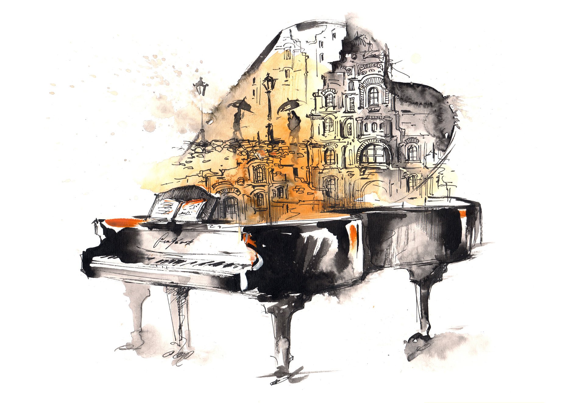 arte pianoforte spartiti pioggia persone città disegno acquerello