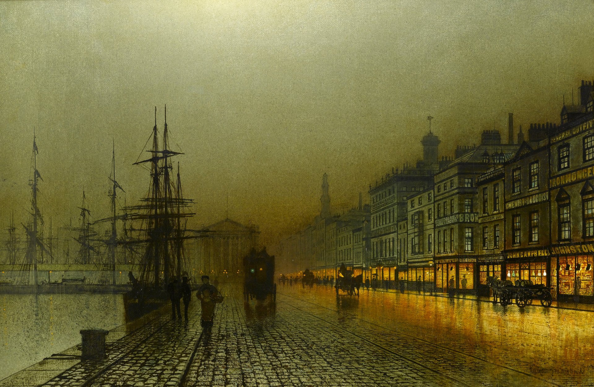 john atkinson greenock harbour nuit peinture nuit promenade maisons lumières personnes navire quai rivière