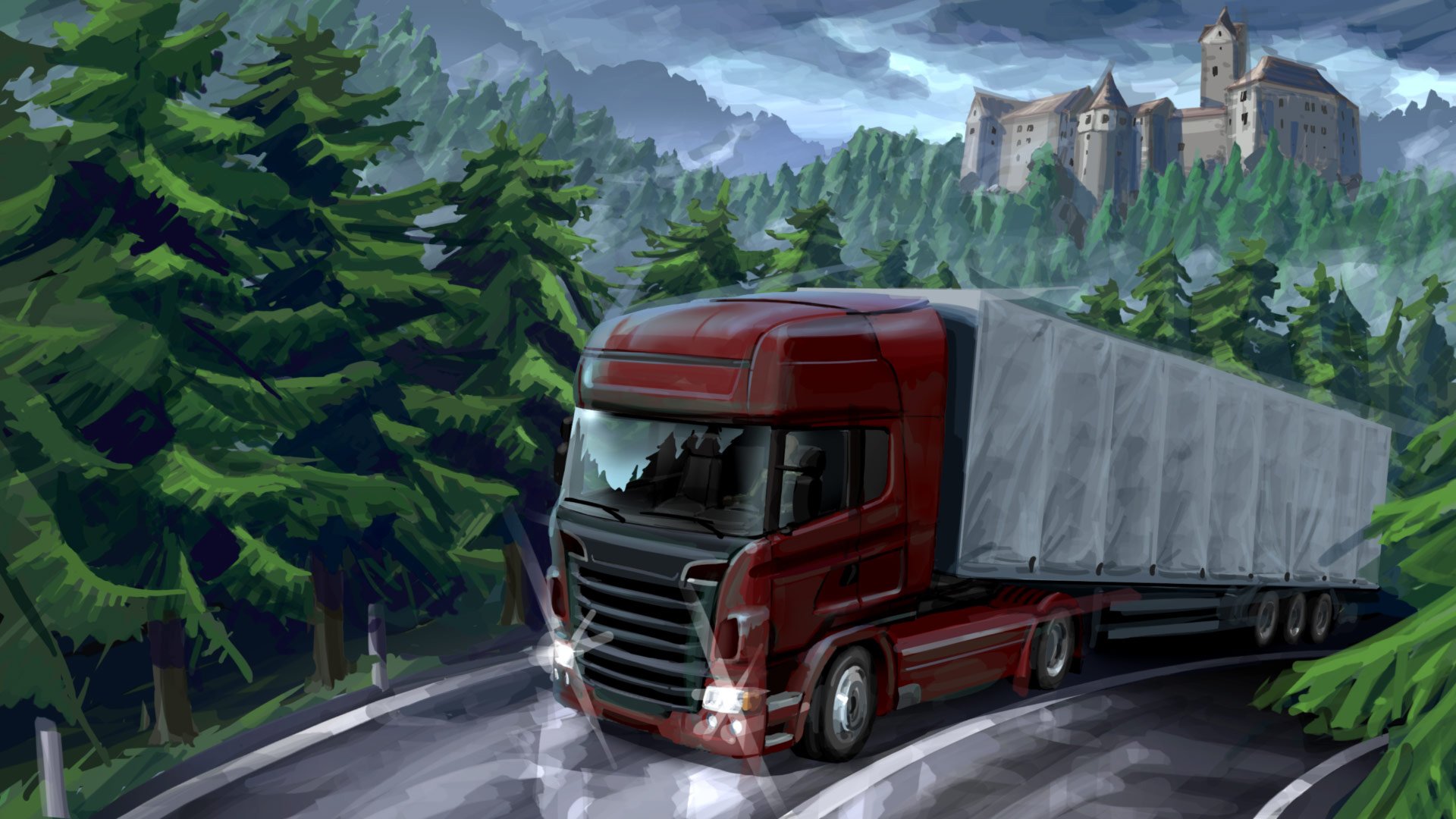 art vehicles painting trucks euro truck tractor box trailer wagon long road counting nature forest castle