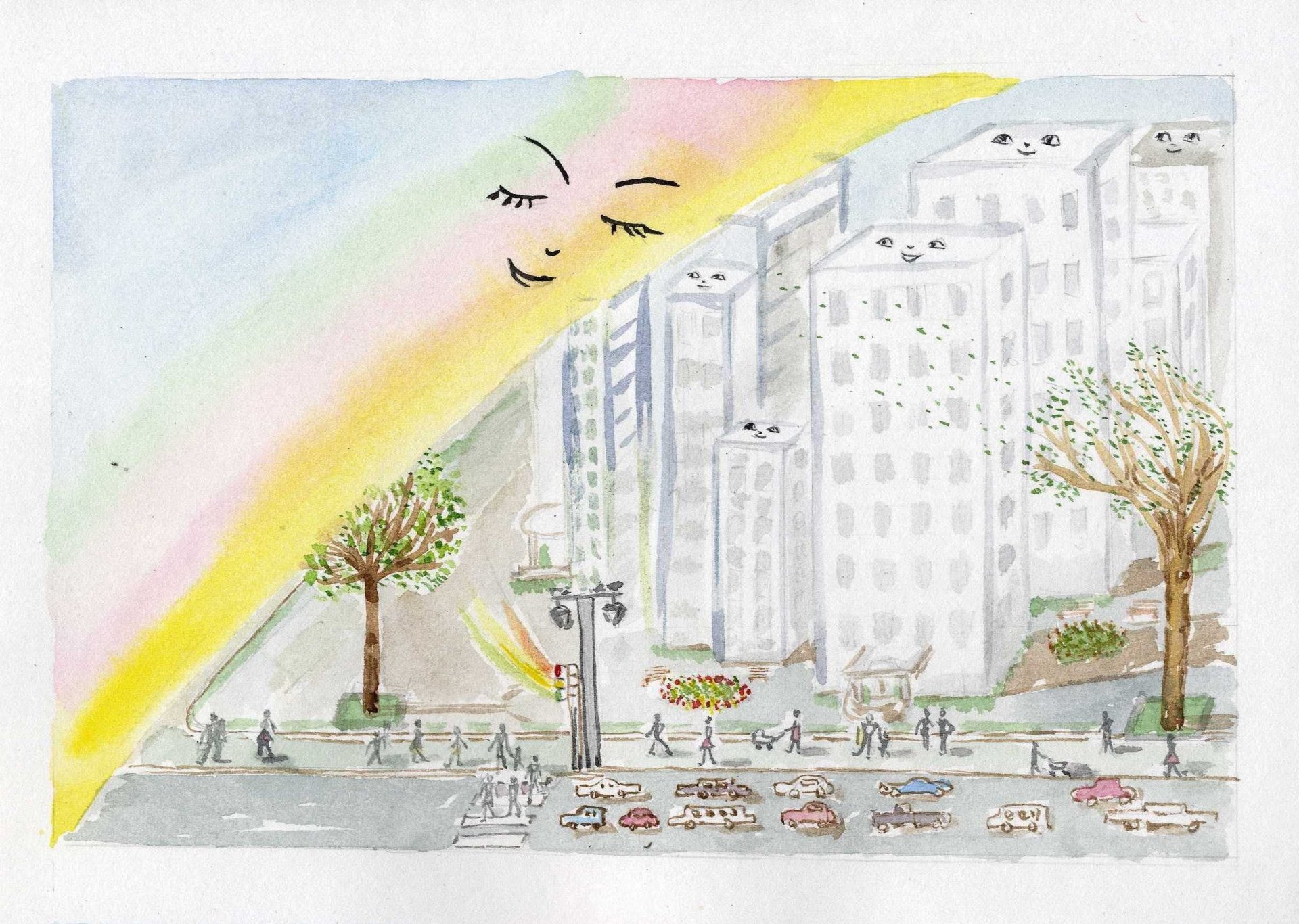 dessin ville bâtiments personnes arc-en-ciel