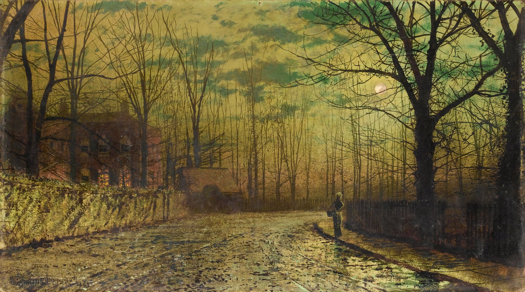 john atkinson abend nacht mond himmel wolken straße zaun mädchen bild