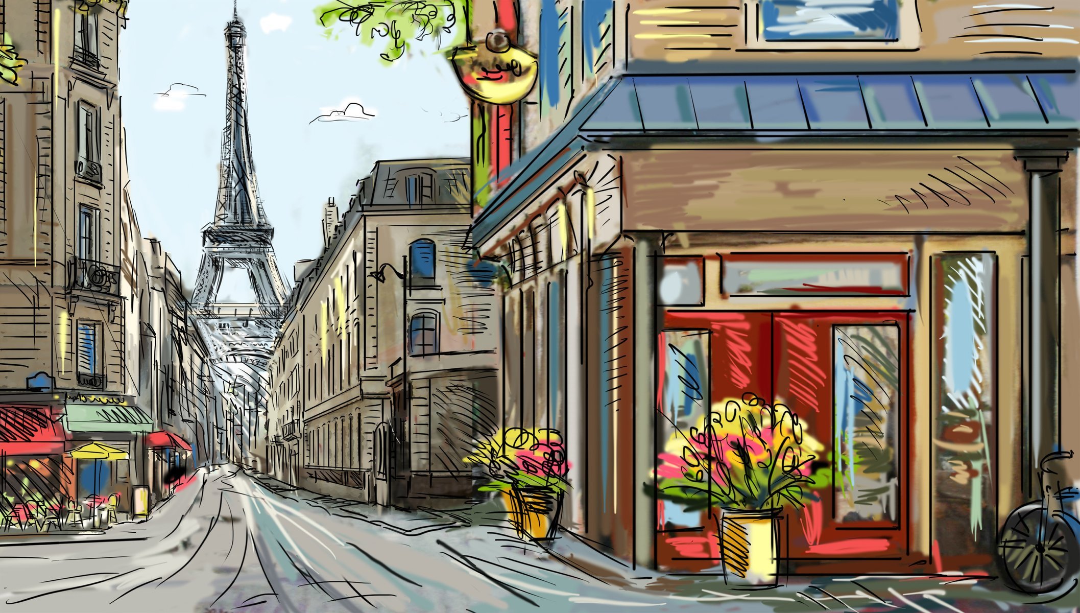 eiffel tower painting paris street flower bike