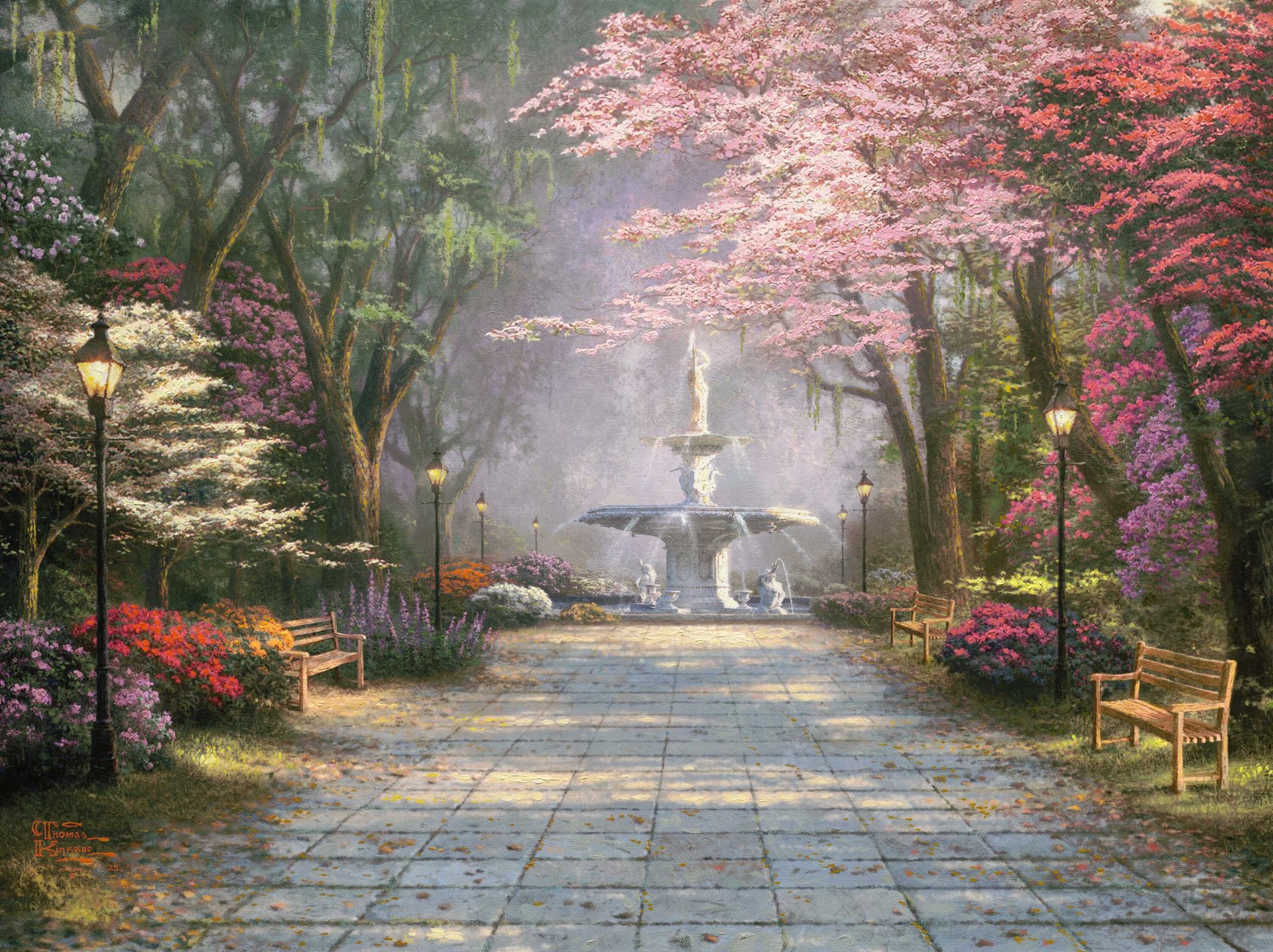 avannah romance thomas kinkade painting kinkade fountain lamps light alley flower park dogwood mimosa azalea