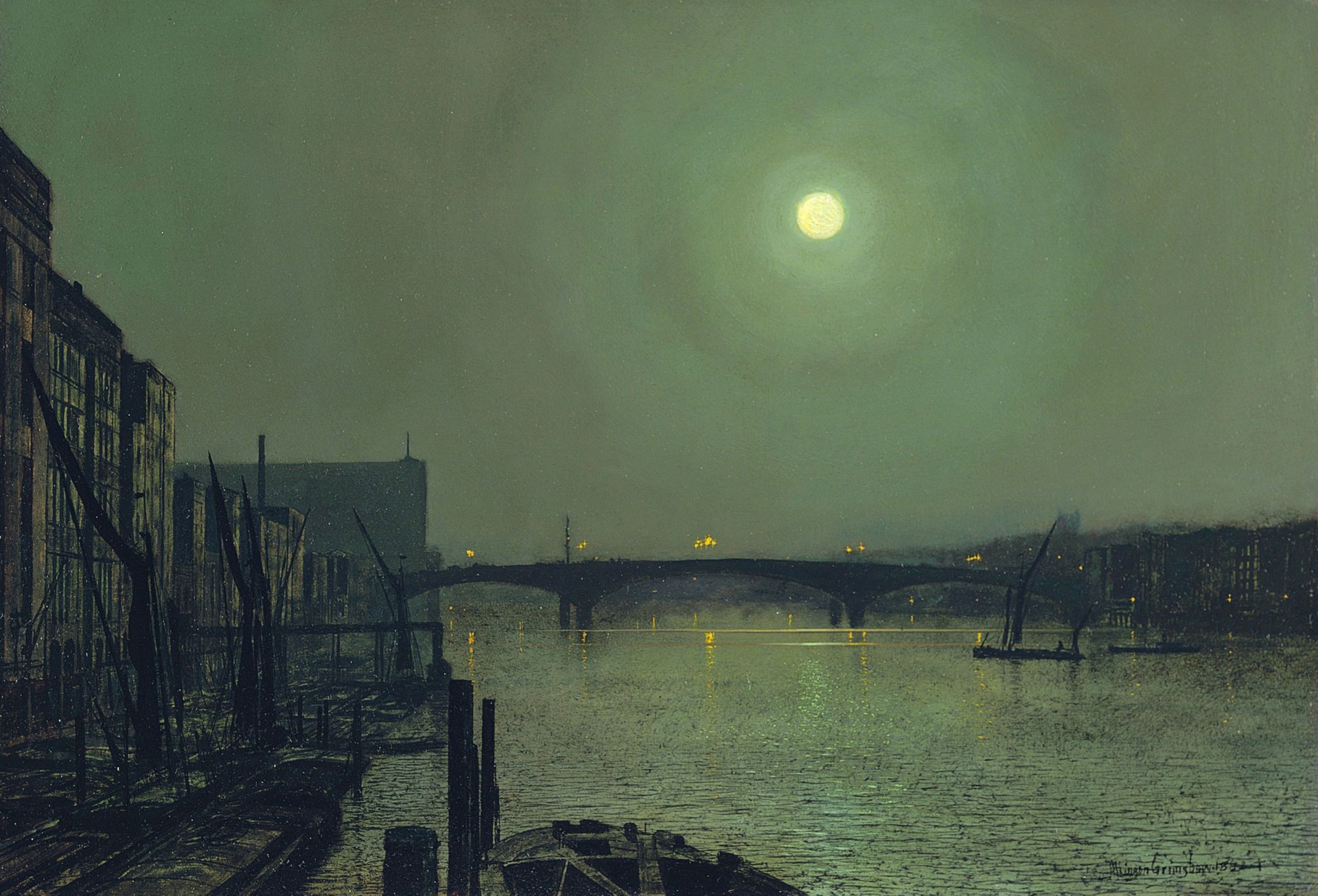 john atkinson paysage rivière peinture ville maisons ciel lune pont