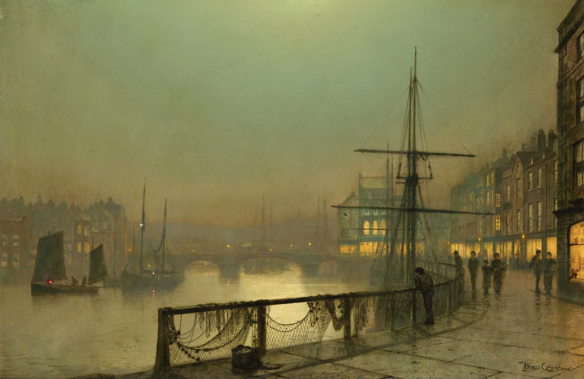 john atkinson whitby terraplén río barco vela barco casas gente cielo puente pintura