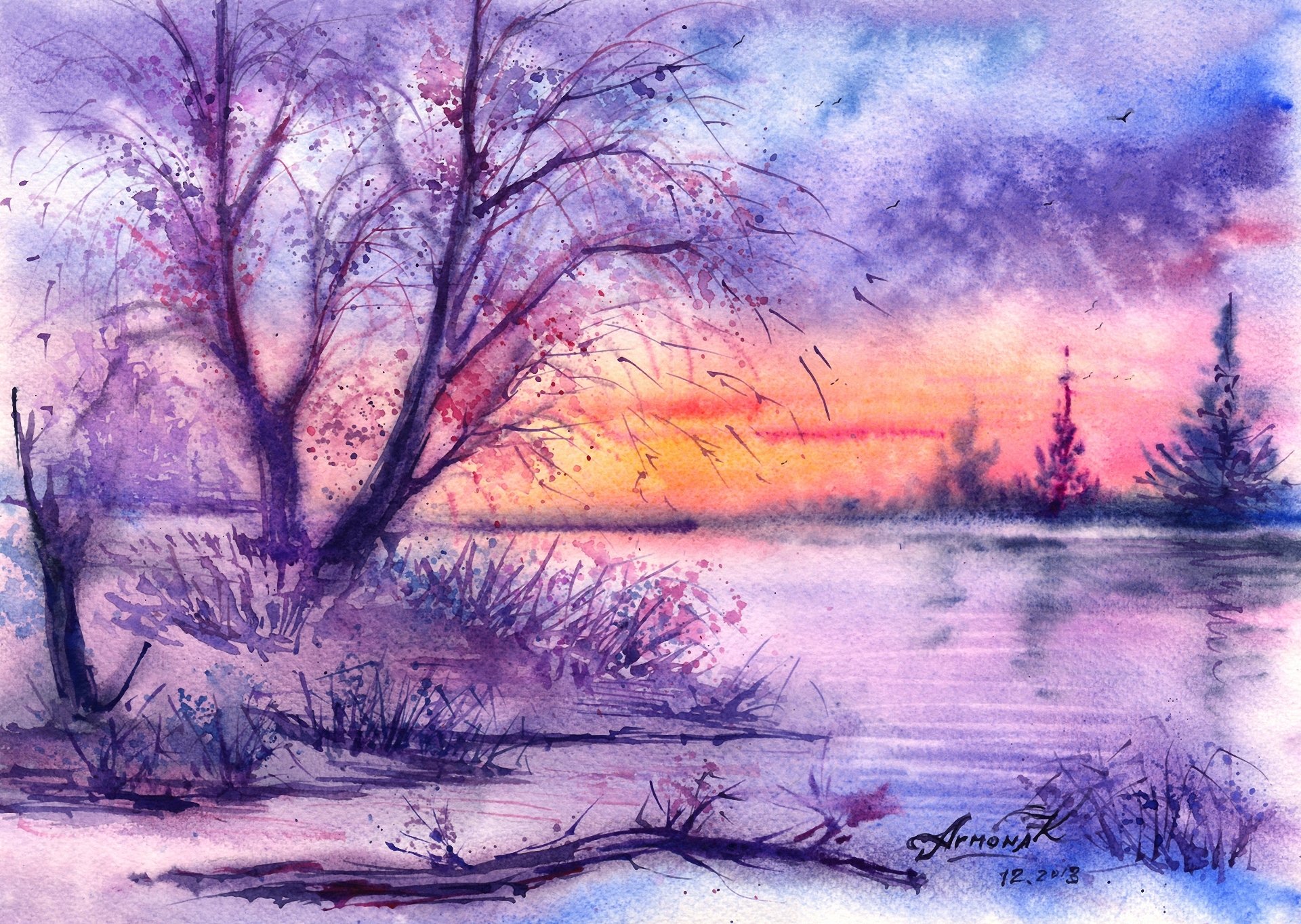 paysage dessiné aquarelle arbres rivière hiver oiseaux