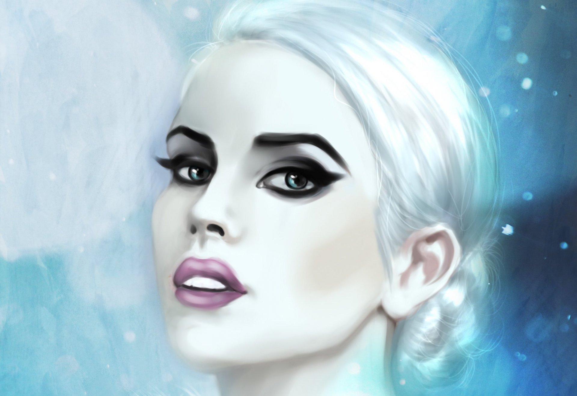 art girl face make-up eyes view white hair lips snow cool