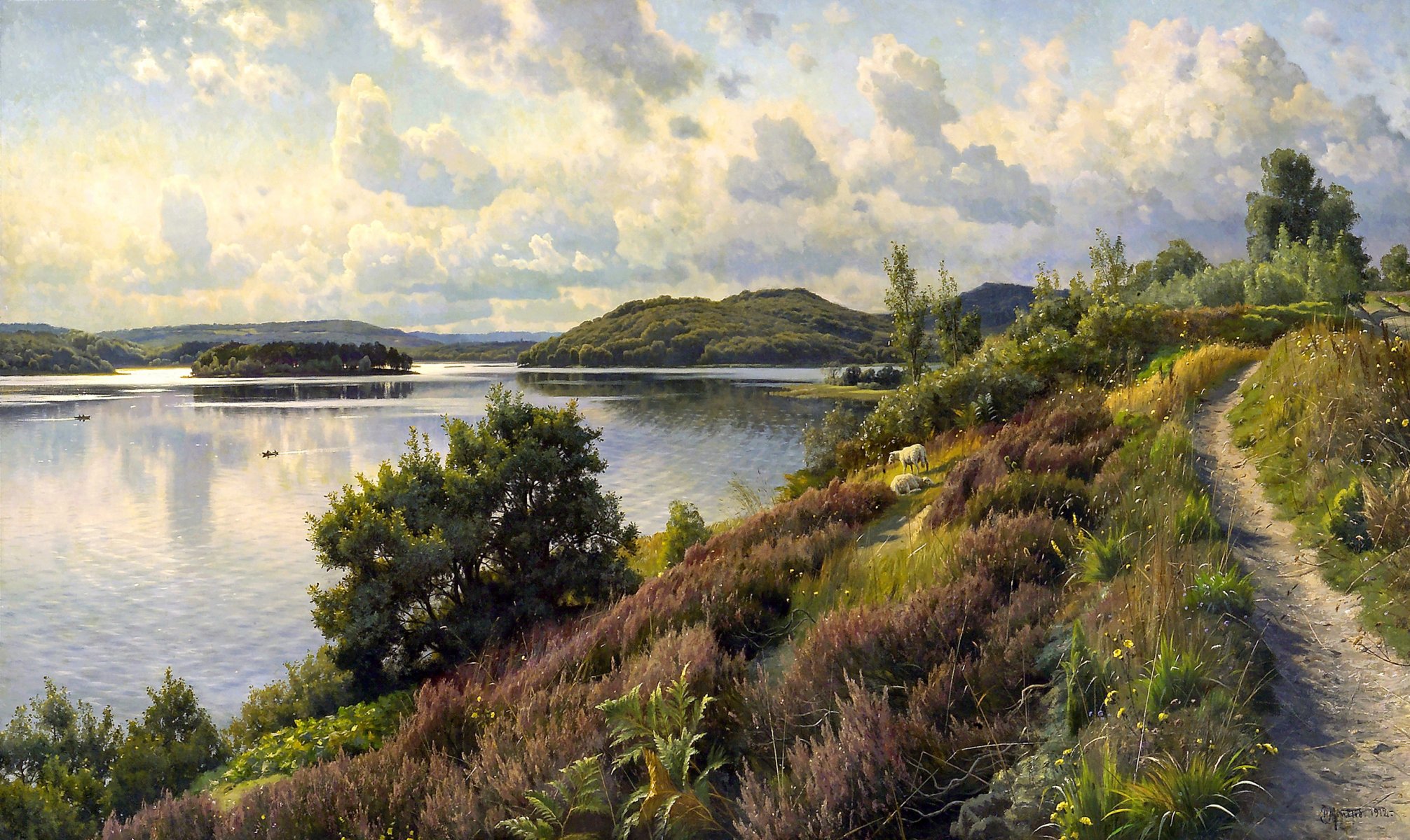 peder monsted pittura paesaggio fiume sentiero alberi cielo nuvole colline pecore