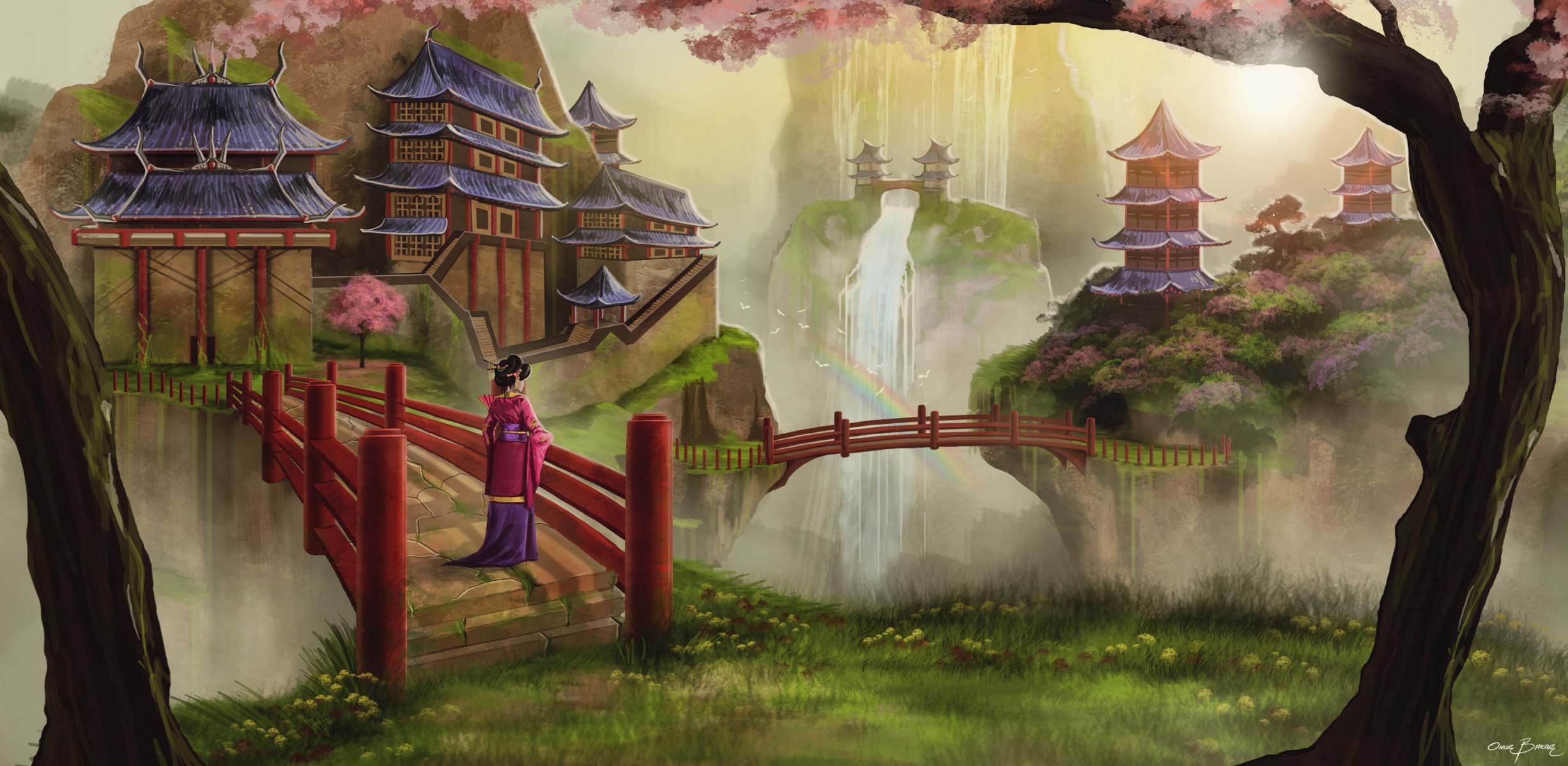 art asia temple bridges waterfall girl geisha kimono rainbow tree birds sakura bloom spring