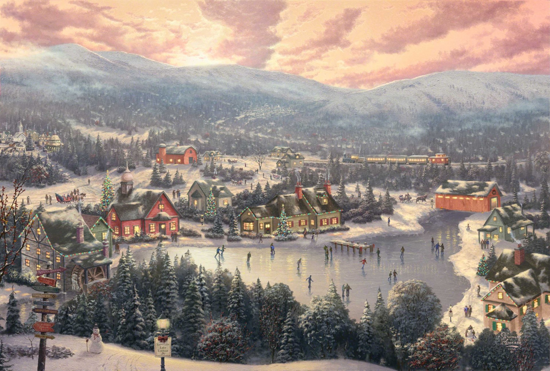 puesta de sol en el copo de nieve del lago thomas kinkade pintura cuento de hadas ciudad ciudad invierno lago pista de patinaje vacaciones navidad año nuevo abeto muñeco de nieve tren puente molino de viento montañas bosque puesta de sol