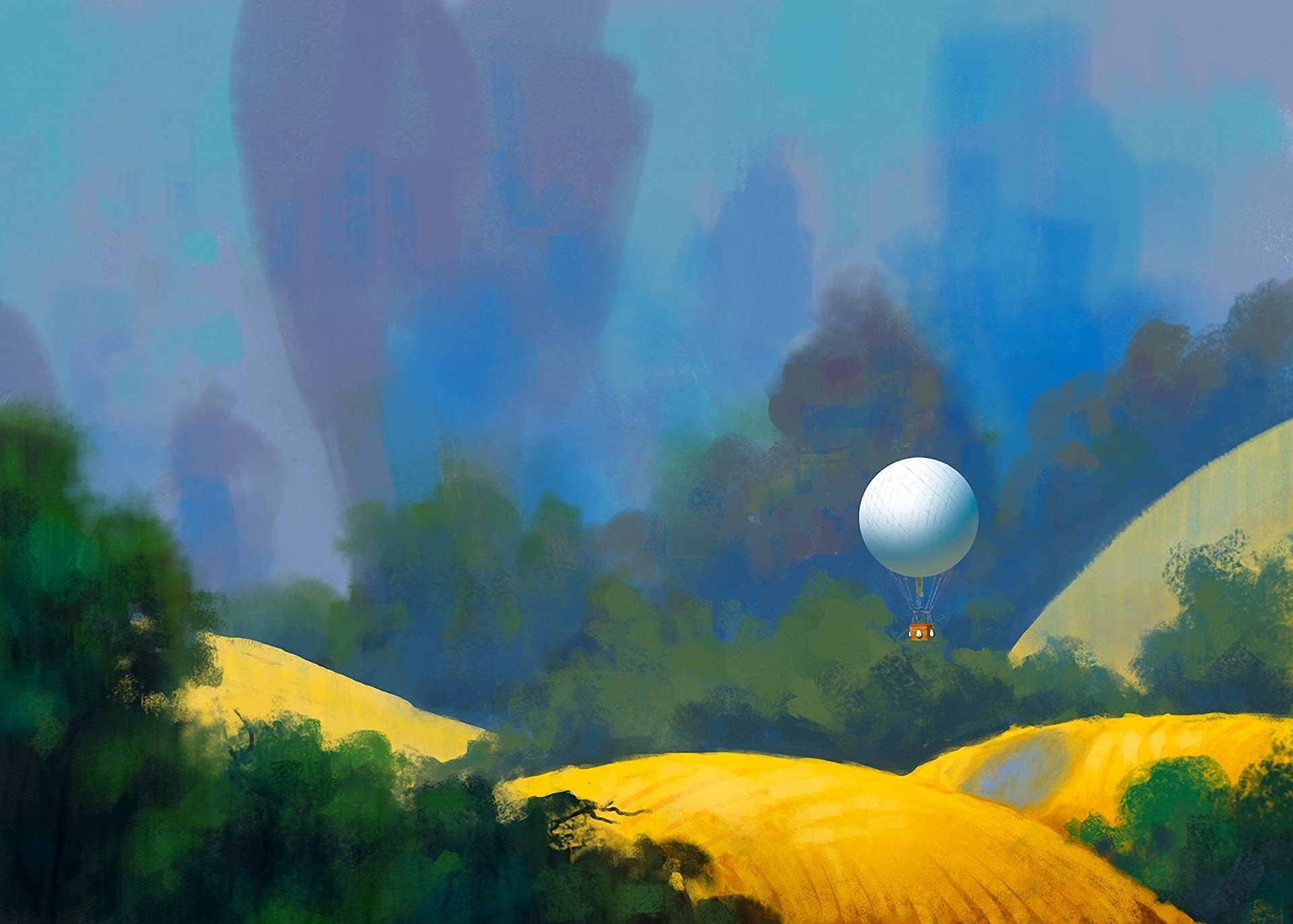 kunst gemalte landschaft hügel ballon