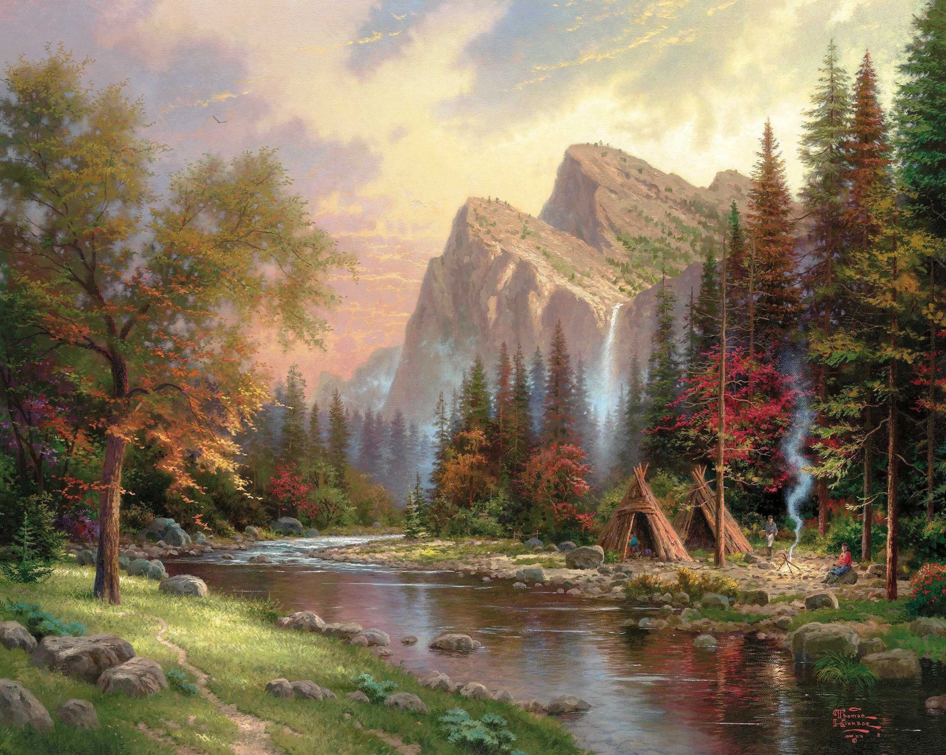 the mountains declare his glory thomas kinkade painting tent yurt fire smoke river mountain waterfall