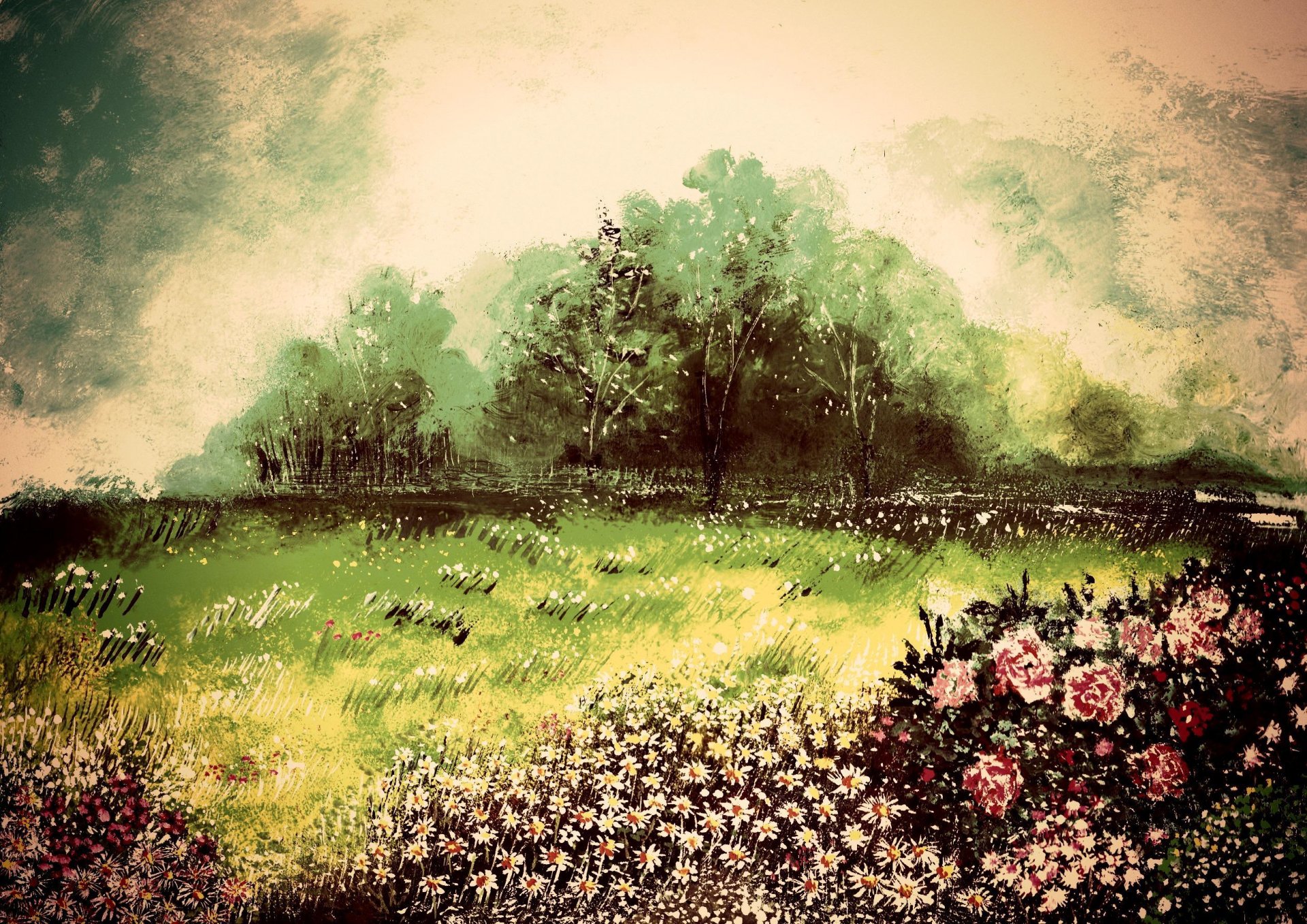 arte dibujo pintura paisaje árboles rosas margaritas viento