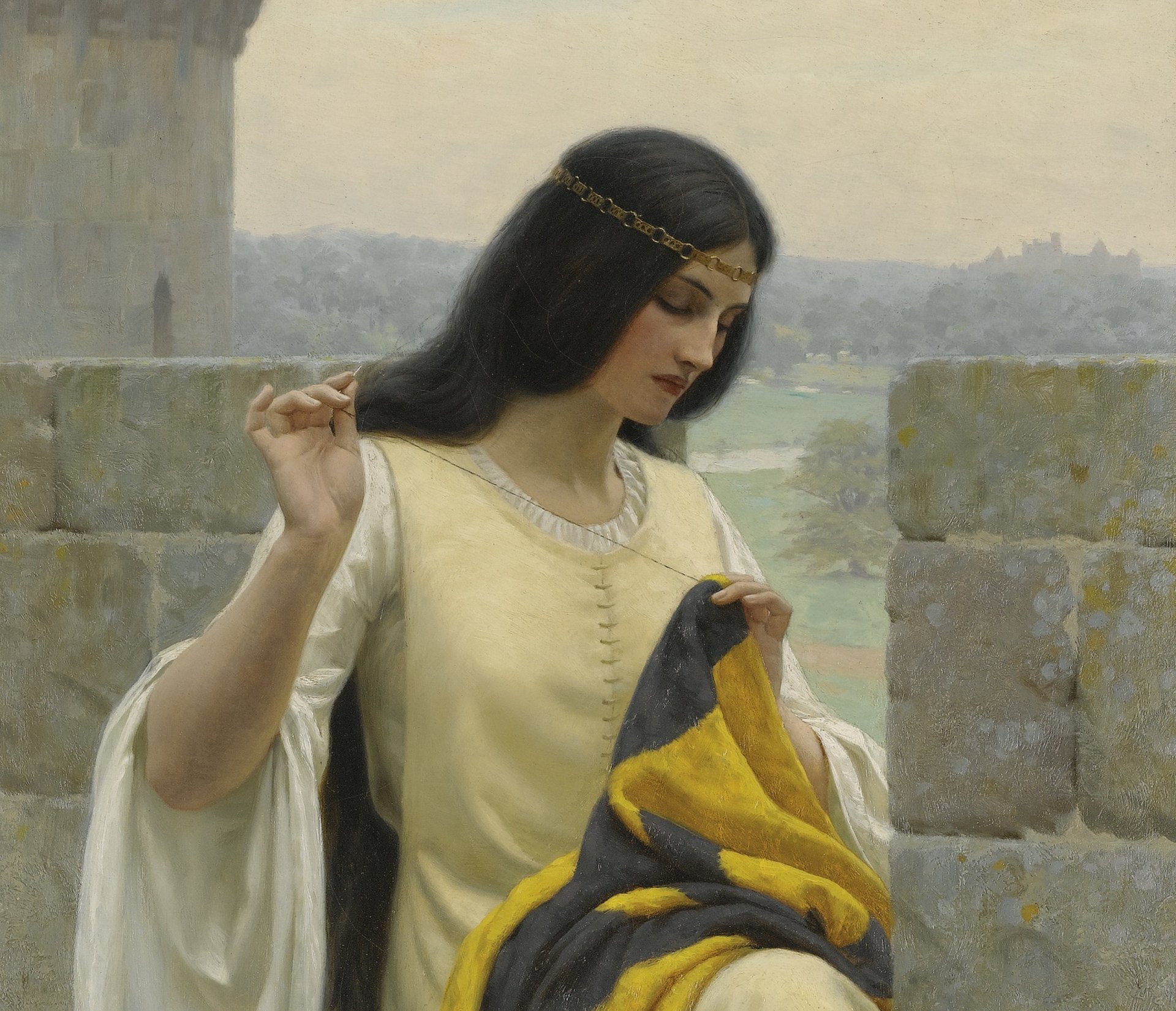 edmund blair leighton angielski malarz romantyzm prerafaelici średniowiecze przeszywanie standardu obraz zamek snow maiden dziewczyna królowa baner flaga chorągiew prerafaelit szycie standardu karty