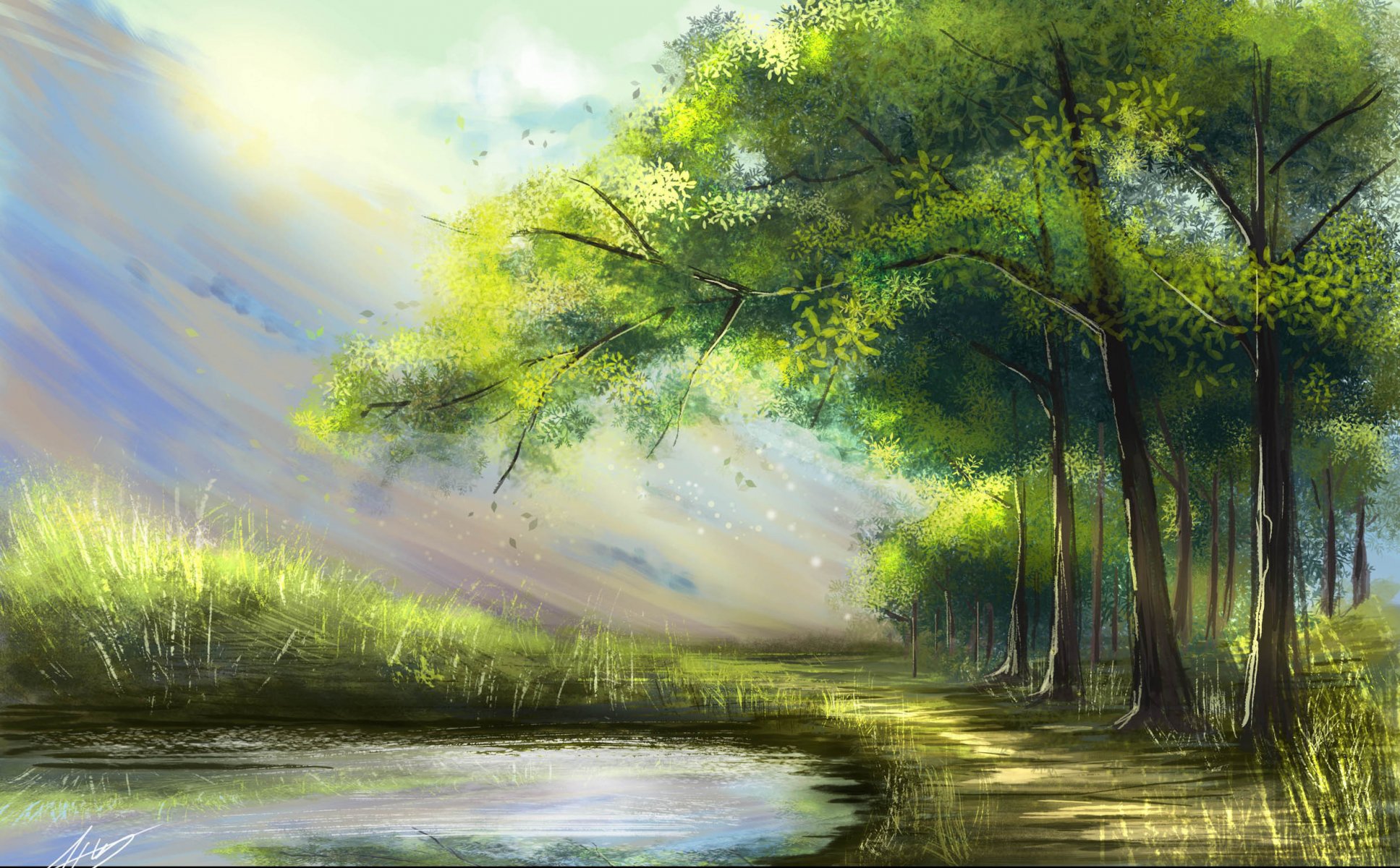 painting art forest lake tree nature landscape ray