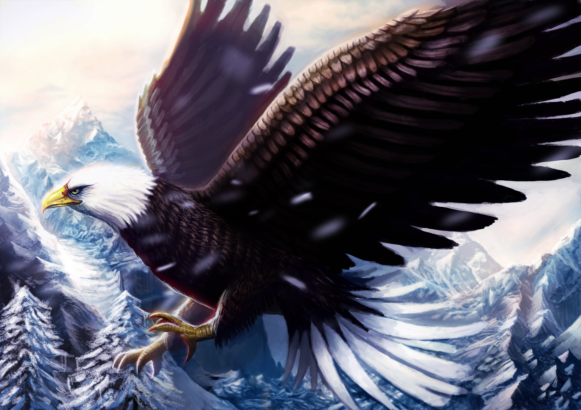 painting poultry eagle beak wings flight mountain snow winter cool