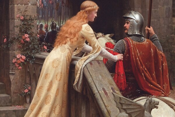 The girl stopped next to a knight in armor and with a spear