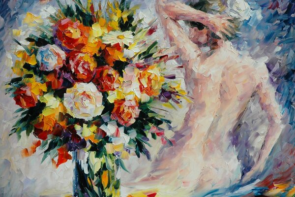 Leonid Afremov s painting A girl and a bouquet of flowers in a vase 