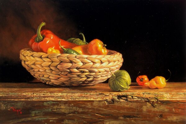 Painting still life vegetables in a basket