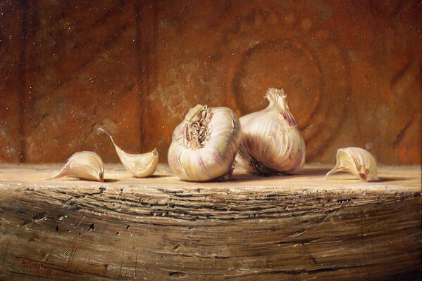 Still life garlic on a wooden table