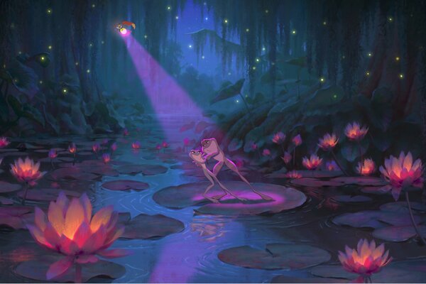 Frogs from a Disney cartoon dance among lotuses