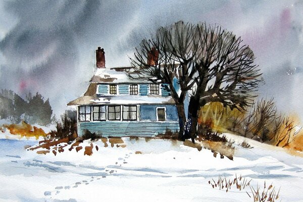 Watercolor landscape House in snowy winter