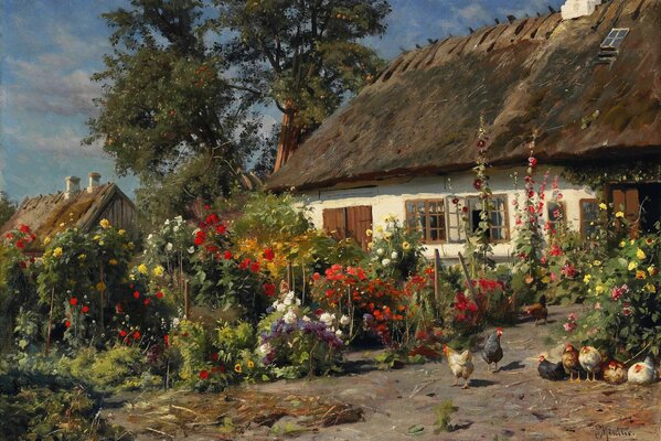 Old house with flowers and chickens