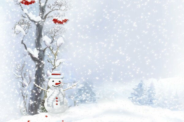 A snowman with a scarf and hat in a snowfall