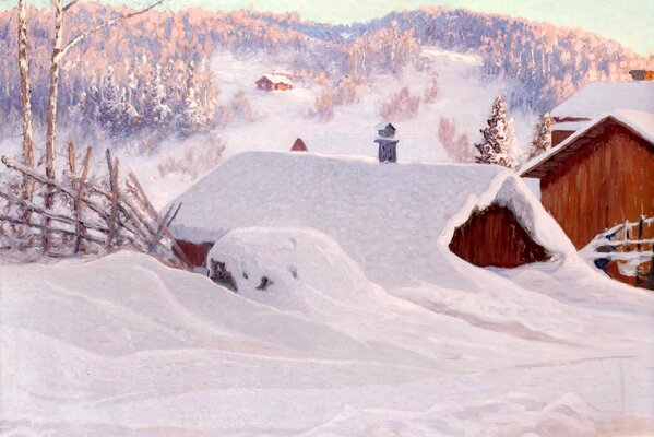 Winter in the village. The morning after the snowfall