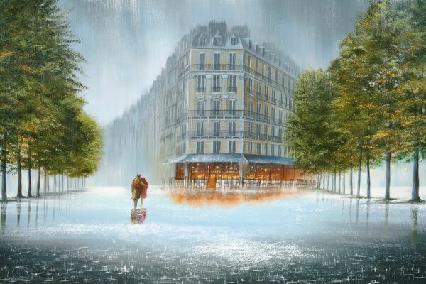 A couple walks in an embrace along the boulevard in the rain, a painting by Jeff Rowland