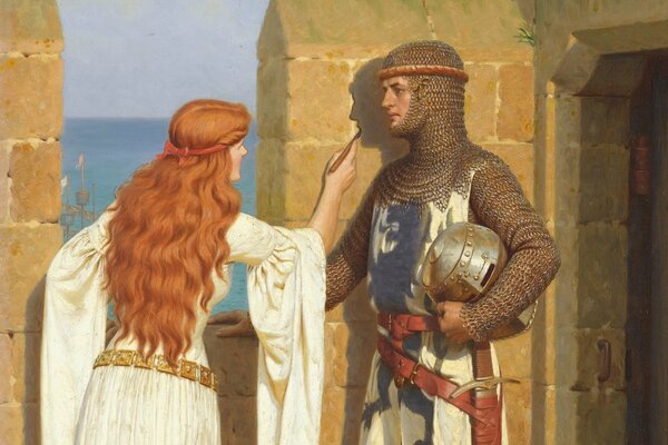 A red-haired girl draws on the shadow of a knight standing next to her
