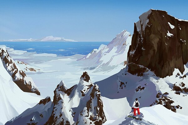 Snowboarder blickt auf das Meer von schneebedeckten Bergen, Kunstzeichnung
