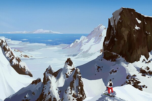 Snowboarder regardant la mer avec des montagnes enneigées, dessin d art