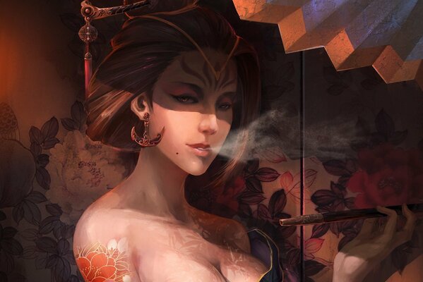 A geisha girl in a kimono smokes