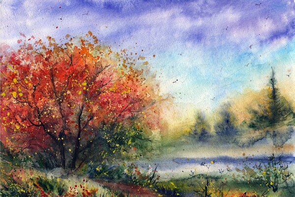 Watercolor forest landscape in red and purple tones