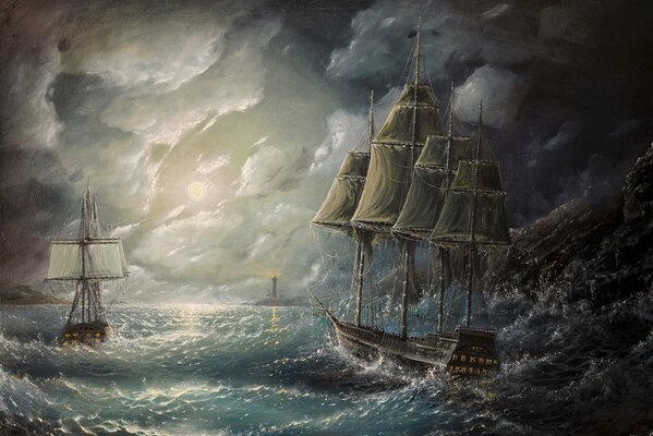 Pintura barcos durante una tormenta