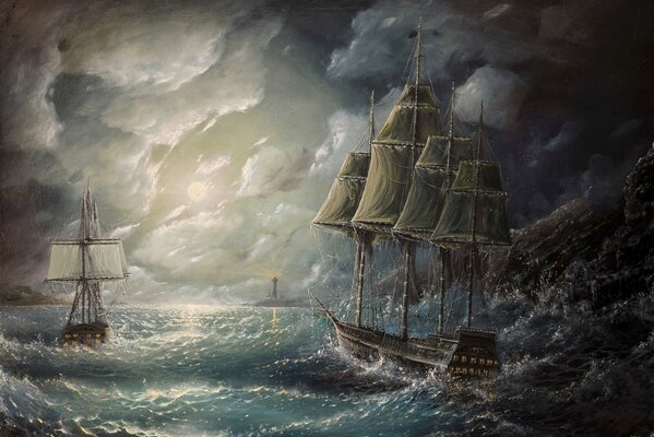Peinture navires pendant la tempête