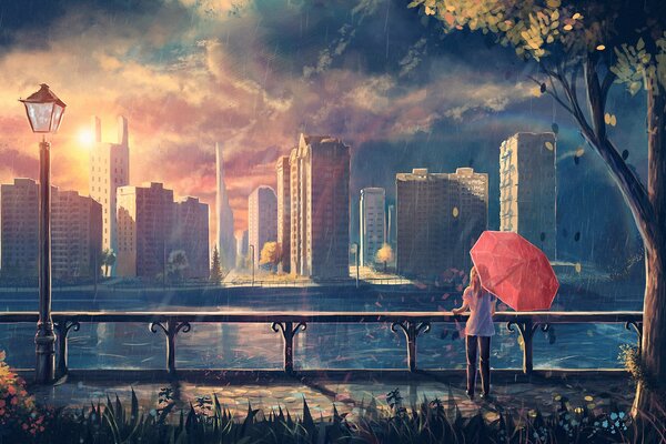 Evening city girl with umbrella