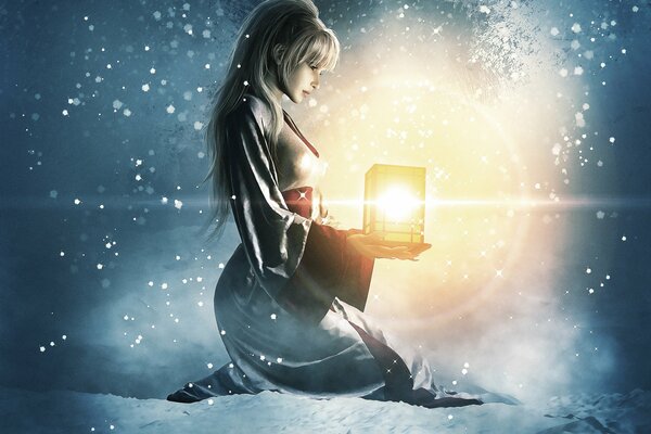 A girl in a kimono is sitting in the snow with a lantern in her hand