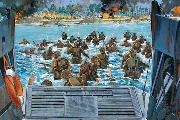 El desembarco de los Marines en una pintura de Howard Gerrard