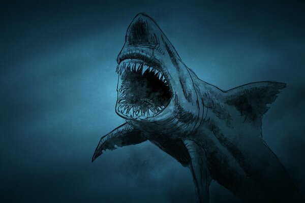 Sobre un fondo oscuro, un tiburón con dientes