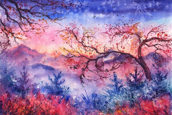 Watercolor art autumn forest