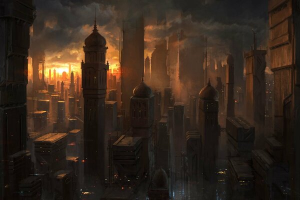 Sunset of the magical city of the future