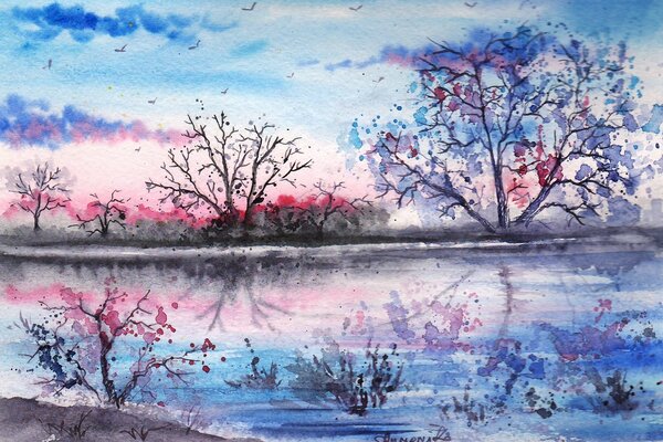 Aquarell Landschaft reflektiert Bäume im Fluss